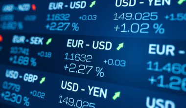 Euro 'yu ABD dolarına yükseltmek, döviz kurlarını kapatmak. Ticaret, veri, mutlak değişim ve yüzde, borsa ve takas. 3B illüstrasyon