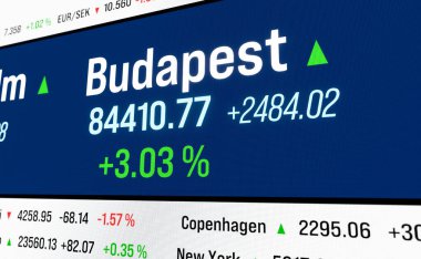 Budapeşte, Macaristan 'da yükselen borsa. Macar hisse fiyatları yükseliyor. Portföy, pozitif dönüş, boğa pazarı, büyüme, ticaret, iş. 3B illüstrasyon