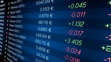 Kripto para birimi fiyatları ve Bitcoin, Ethereum, Ripple, vs. için değişiklikler blok zinciri teknolojisi, iş, yatırım, ticaret. 3 Boyutlu Canlandırma
