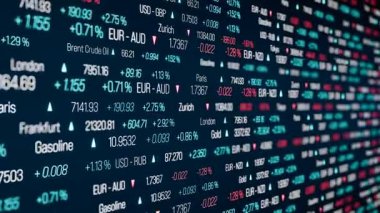 Borsa ticaret tabanı, hisse senedi endeksi verileri, döviz kurları ve emtia fiyatları. Ticari bilgiler, alım satım bilgileri, fiyat değişikliği, piyasa verileri. 3 Boyutlu Canlandırma