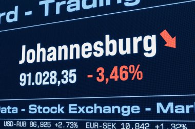 Johannesburg hisse senedi endeksi düşüyor. Düşen Güney Afrika hisse senedi fiyatları, hamiline piyasası, düşüş, yatırım, ticaret, çöküş, kayıp, kriz, borsa verileri. 3B illüstrasyon