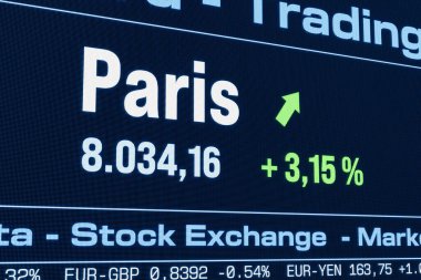 Paris borsa endeksi yükseliyor. Artan Fransız hisse fiyatları, boğa pazarı, büyüme, yatırım, iş, kar, borsa verileri. 3B illüstrasyon