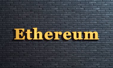 Ethereum, kripto para birimi, tuğla duvara karşı altın harfler. Engelleme zinciri, büyük veriler, dijital para birimi, yatırım. 3B illüstrasyon