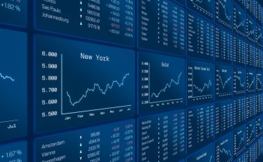 Yükselen ABD borsa grafiği, altın ve brent curde petrol şeması yükseliyor. Ticaret bilgileri, cihaz ekranı, hisse senedi indeksi verileri, hammaddeler, döviz kurları, grafikler ve pazar verileri. 3B illüstrasyon