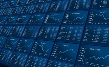 Borsa endeks verileri, emtia fiyatları, döviz kurları ticaret ekranında. Çizelgeler ve hesap tabloları piyasa bilgisi, iş, analiz, finansal rakamlar. 3B illüstrasyon