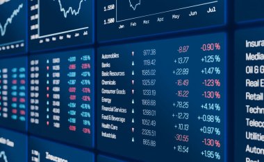 Borsayı kapatın ve sanayi sektörü verilerini ekranda değiştirin. İş, tablolar, bilgiler, veriler, analiz, finansal rakamlar. 3B illüstrasyon