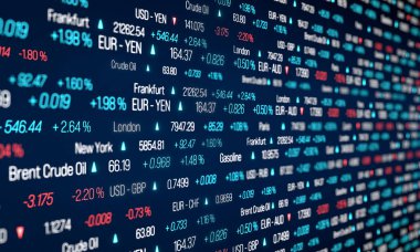 Borsa ticaret tabanı, hisse senedi endeksi verileri, döviz kurları ve emtia fiyatları. Ticari bilgiler, alım satım bilgileri, fiyat değişikliği, piyasa verileri. 3B illüstrasyon