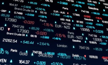 Borsa ticaret tabanı, hisse senedi endeksi verileri, döviz kurları ve emtia fiyatları. Ticari bilgiler, alım satım bilgileri, fiyat değişikliği, piyasa verileri. 3B illüstrasyon
