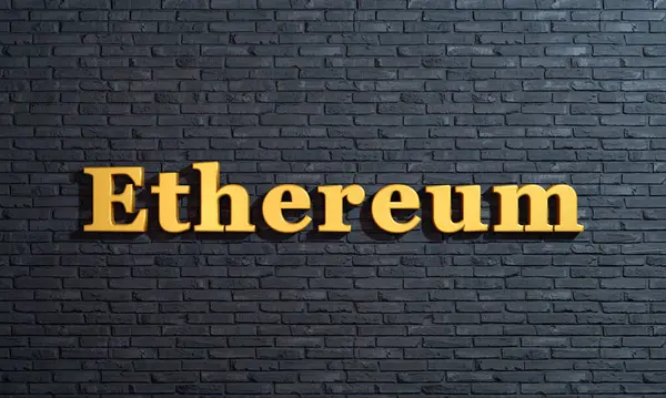 Ethereum, kripto para birimi, tuğla duvara karşı altın harfler. Engelleme zinciri, büyük veriler, dijital para birimi, yatırım. 3B illüstrasyon
