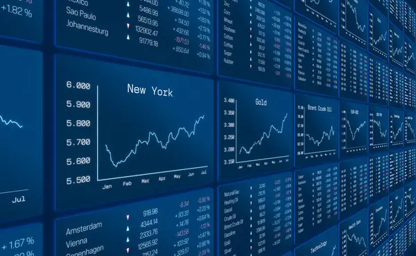 Yükselen ABD borsa grafiği, altın ve brent curde petrol şeması yükseliyor. Ticaret bilgileri, cihaz ekranı, hisse senedi indeksi verileri, hammaddeler, döviz kurları, grafikler ve pazar verileri. 3B illüstrasyon