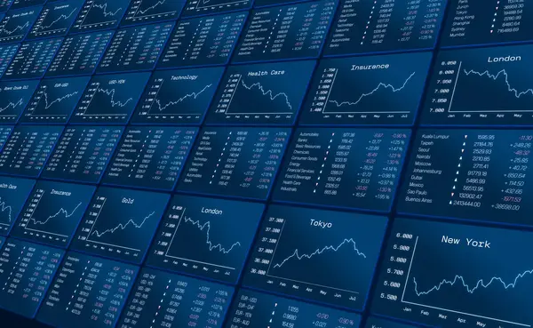 Borsa endeks verileri, emtia fiyatları, döviz kurları ticaret ekranında. Çizelgeler ve hesap tabloları piyasa bilgisi, iş, analiz, finansal rakamlar. 3B illüstrasyon