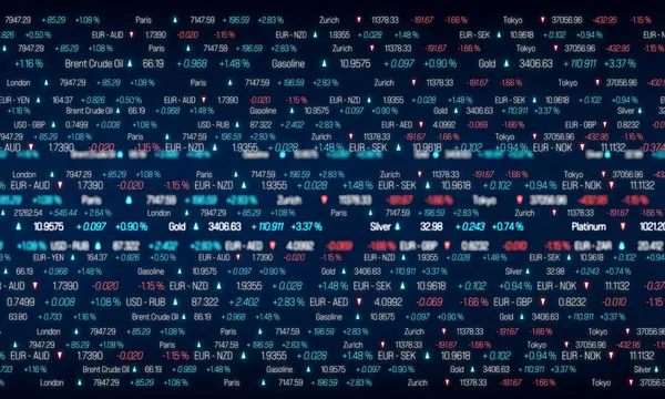 Borsa endeks verileri, döviz kurları ve ticari ekrandaki emtia fiyatları. Ticari bilgiler, alım satım bilgileri, fiyat değişikliği, piyasa verileri. 3B illüstrasyon