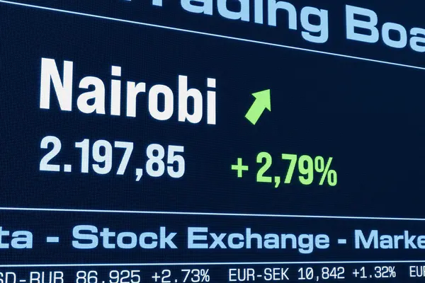 Nairobi hisse senedi endeksi yükseliyor. Artan Kenya hisse senedi fiyatları, boğa pazarı, büyüme, yatırım, ticaret, kâr, borsa verileri. 3B illüstrasyon