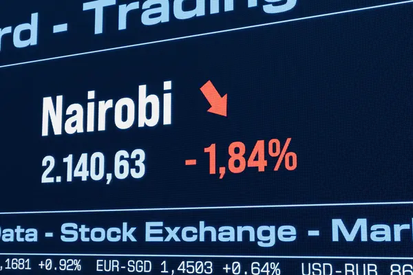 Nairobi hisse senedi endeksi düşüyor. Düşen Kenya hisse senedi fiyatları, hamiline piyasası, düşüş, yatırım, ticaret, çöküş, kayıp, kriz, borsa verileri. 3B illüstrasyon