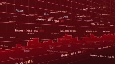 Grafik, borsa şeması, fiyat etiketi ve piyasa verileri ile kırmızı ile soyut finans piyasaları animasyonu. Borsa ve borsa, yatırım, bankacılık, ticaret, risk, dengesizlik. 3 Boyutlu Canlandırma