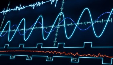 Sinüs dalgaları monitörü, osilatörler ve grafikler. Ölçme, bilim, arayüz, radar, aygıt ekranı, deney, sinüs eğrisi, matematik, fizik, dijital, HUD, kontrol. 3B illüstrasyon