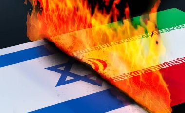 İsrail ve İran bayraklarını yakmak, savaş, yangın, çatışma, İran 'ın nükleer programını durdurmak. İran ve İsrail arasındaki siyasi çatışma. 3B illüstrasyon