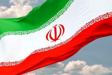 İran bayrağını dalgalandırın. Arka planda bulutlar olan mavi gökyüzü. Seyahat, turizm, seyahat, ülke, varış yeri, tatil, İran kültürü. 3B illüstrasyon