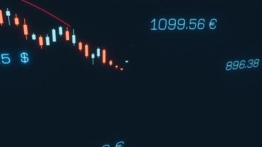 Mum çubuğu grafiği düşüyor, hisse senedi fiyatları düşüyor, borsa çöküyor. Veri, depresyon çağı, negatif, kayıp, durgunluk, risk, dengesizlik, yatırım. 3 Boyutlu Canlandırma