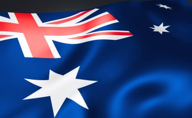 Avustralya bayrağı, parlak kumaş. Pankart, sembol ve Avustralya keskisi. Ülke, ulus, seçim, hükümet, politika ve toplum. 3B illüstrasyon