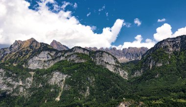 Ağaçlı dağ zirvesi, İsviçre, Canton St. Gallen, İsviçre Alpleri, Fruemsel ve Hinterrugg dağları. Güneşli bir gün, bulutlar, sıradağlar. Yürüyüş, turizm, seyahat yeri, dinlenme yeri.