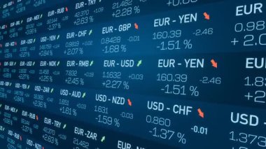 Ticaret ekranı, para kurulu, küresel döviz kurları. Ticaret, veri, mutlak değişim ve yüzde, borsa ve takas. 3 Boyutlu Canlandırma