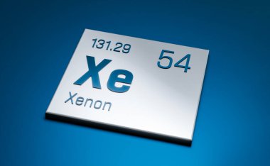 Ksenon, periyodik tablo elementi. Bilim, gaz, kimyasal element, yapı, atom ağırlığı, atom numarası. 3B illüstrasyon