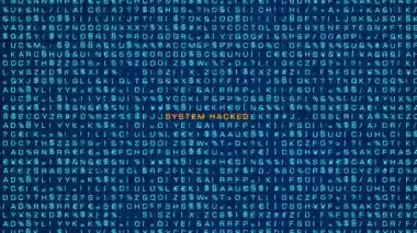 Sistem hacklendi, bilgisayar uyarı işareti. Rastgele harfler, işaretler, bilgisayar kodları, bitler ve baytlar. Sistem mesajı, siber saldırı, tehdit, ağ güvenliği, virüs, bilgisayar suçları. 3 Boyutlu Canlandırma
