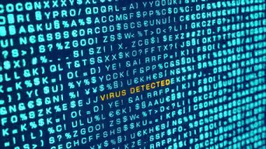 Virüs tespit edildi, bilgisayar uyarı işareti. Rastgele harfler, işaretler, bilgisayar kodları, bitler ve baytlar. Sistem mesajı, siber saldırı, tehdit, ağ güvenliği, hackleme, bilgisayar suçları. 3 Boyutlu Canlandırma
