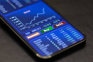 Yükselen altın çizelgesi, akıllı telefon ekranı. İş, ticaret, emtia bilgileri, yatırım, borsa bilgileri. 