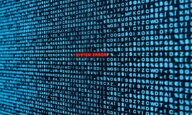 Sistem hatası, bilgisayar uyarı işareti. Rastgele harfler, işaretler, bilgisayar kodları, bitler ve baytlar. Sistem mesajı, arıza, ağ güvenliği, arıza, bilgisayar sorunları. 3B illüstrasyon