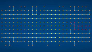 Düğüm ağacı, endüstriyel süreç, bağlantılı, soyut. Ağ, bağlantılar, kırmızı düğümlü ve çizgili bir yolun otomatik inşaatı, ilerleme, teknoloji. 3 Boyutlu Canlandırma
