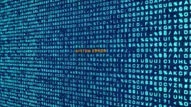 Sistem hatası, bilgisayar uyarı işareti. Rastgele harfler, işaretler, bilgisayar kodları, bitler ve baytlar. Sistem mesajı, arıza, ağ güvenliği, arıza, bilgisayar sorunları. 3 Boyutlu Canlandırma