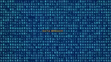 Veri sızıntısı, bilgisayar uyarı işareti. Rastgele harfler, işaretler, bilgisayar kodları, bitler ve baytlar. Sistem mesajı, siber saldırı, tehdit, ağ güvenliği, virüs, bilgisayar suçları. 3 Boyutlu Canlandırma