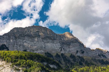 Ağaçlı dağ zirvesi, İsviçre, Canton St. Gallen, İsviçre Alpleri, Fruemsel ve Hinterrugg dağları. Güneşli bir gün, bulutlar, sıradağlar. Yürüyüş, turizm, seyahat yeri, dinlenme yeri.