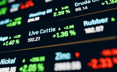 Mal ticareti, canlı sığırlar, fiyat ve değişikliklerle dolu bir pist. İş, gelecek sözleşmesi, yatırım. 3B illüstrasyon