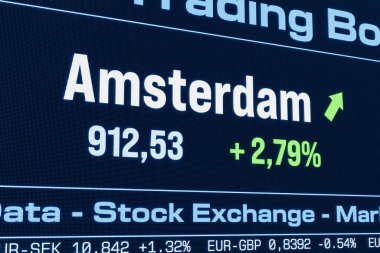 Amsterdam borsa endeksi yükseliyor. Yükselen Hollanda hisse senedi fiyatları, boğa pazarı, büyüme, yatırım, ticaret, kâr, borsa verileri. 3B illüstrasyon