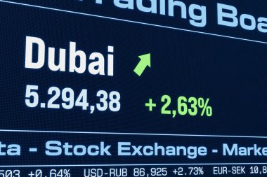 Dubai borsa endeksi yükseliyor. Birleşik Arap Emirlikleri, yükselen hisse fiyatları, boğa pazarı, büyüme, yatırım, ticaret, kâr, borsa verileri. 3B illüstrasyon