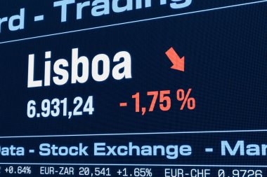 Lisboa hisse senedi endeksi düşüyor. Düşen Portekiz hisse senedi fiyatları, hamiline piyasası, düşüş, yatırım, ticaret, çöküş, kayıp, kriz, borsa verileri. 3B illüstrasyon