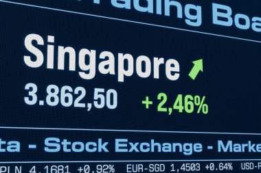 Singapur hisse senedi endeksi yükseliyor. Artan hisse fiyatları, boğa pazarı, büyüme, yatırım, iş, kar, borsa verileri. 3B illüstrasyon