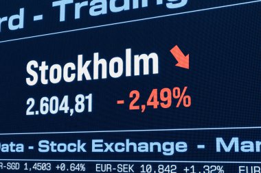 Stockholm hisse senedi endeksi düşüyor. Düşen İsveç hisse senedi fiyatları, hamiline piyasası, düşüş, yatırım, iş, çöküş, kayıp, kriz, borsa verileri. 3B illüstrasyon