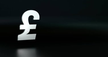 Gümüş gibi parlayan İngiliz poundu işareti. Sembol, 3 boyutlu işaret, ikon, GBP Britsh pound. 3B illüstrasyon
