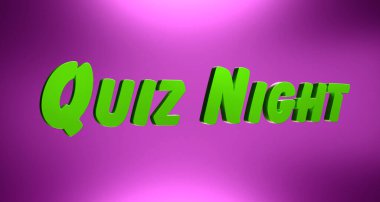 Sınav gecesi. Mor ve yeşil pankart. Boş oyunlar, eğlence, aktivite, oyun gecesi. 3B illüstrasyon