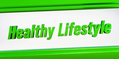 Sağlıklı bir yaşam tarzı. Parlak metalik afiş yeşilde. Sağlıklı beslenme, sağlık ve ilaç, diyet, aktif yaşlılar, iyi duruş. 3B illüstrasyon