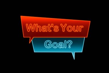 Amacın ne? Aydınlatılmış neon renkli konuşma balonu, turuncu ve mavi. İş hedefi, kararlılık, strateji, planlama, meslek, başarı merdiveni.