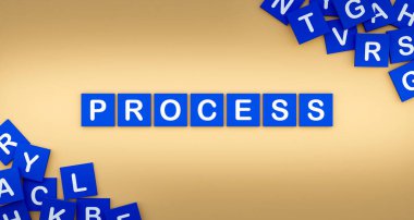 İşlem, jetonlu kelime. Sistem, üretim hattı, organizasyon, karmaşıklık, konfigürasyon. 3B illüstrasyon