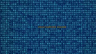 Yetkisiz erişim, bilgisayar uyarı işareti. Rastgele harfler, işaretler, bilgisayar kodları, bitler ve baytlar. Sistem mesajı, siber saldırı, tehdit, güvenlik, virüs, bilgisayar suçları. 3 Boyutlu Canlandırma