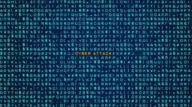 Siber saldırı, bilgisayar uyarı işareti. Rastgele harfler, işaretler, bilgisayar kodları, bitler ve baytlar. Sistem mesajı, siber saldırı, tehdit, ağ güvenliği, virüs, bilgisayar suçları. 3 Boyutlu Canlandırma