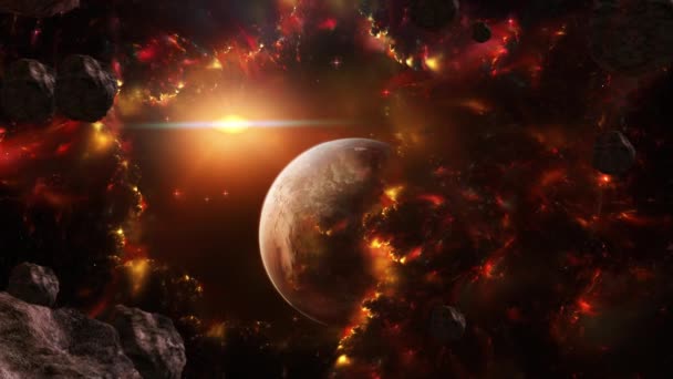 外太空充满天体和陨石的特征动画 这颗行星的图像呈现为明亮的黄色和深红色 Mp4格式的视频 — 图库视频影像