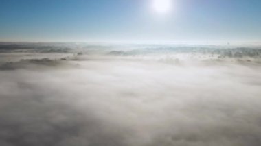Foggy Landscape üzerinde 4K Aerial / Drone Yörüngesi / Arc. Sonbahar ağaçları görünür. Gün doğumu görünür. Su kulesi ve telsiz kulesi uzaktan görünüyor. Sabah Saati
